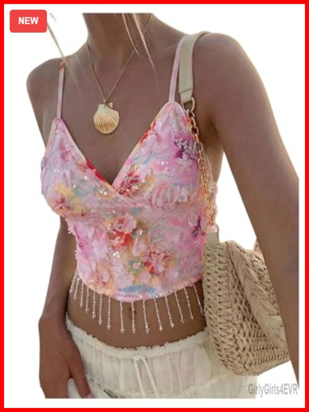Womens Floral Sequin Camisole Y2k Fringe Backless Crop Top Party Clubwear